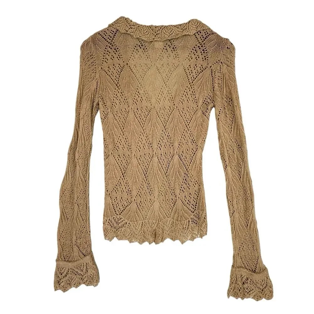 VTG Y2k Crochet Open Knit Tie Front Cardigan Wrapper SIZE MEDIUM Tan USA Ruffle - Picture 6 of 12